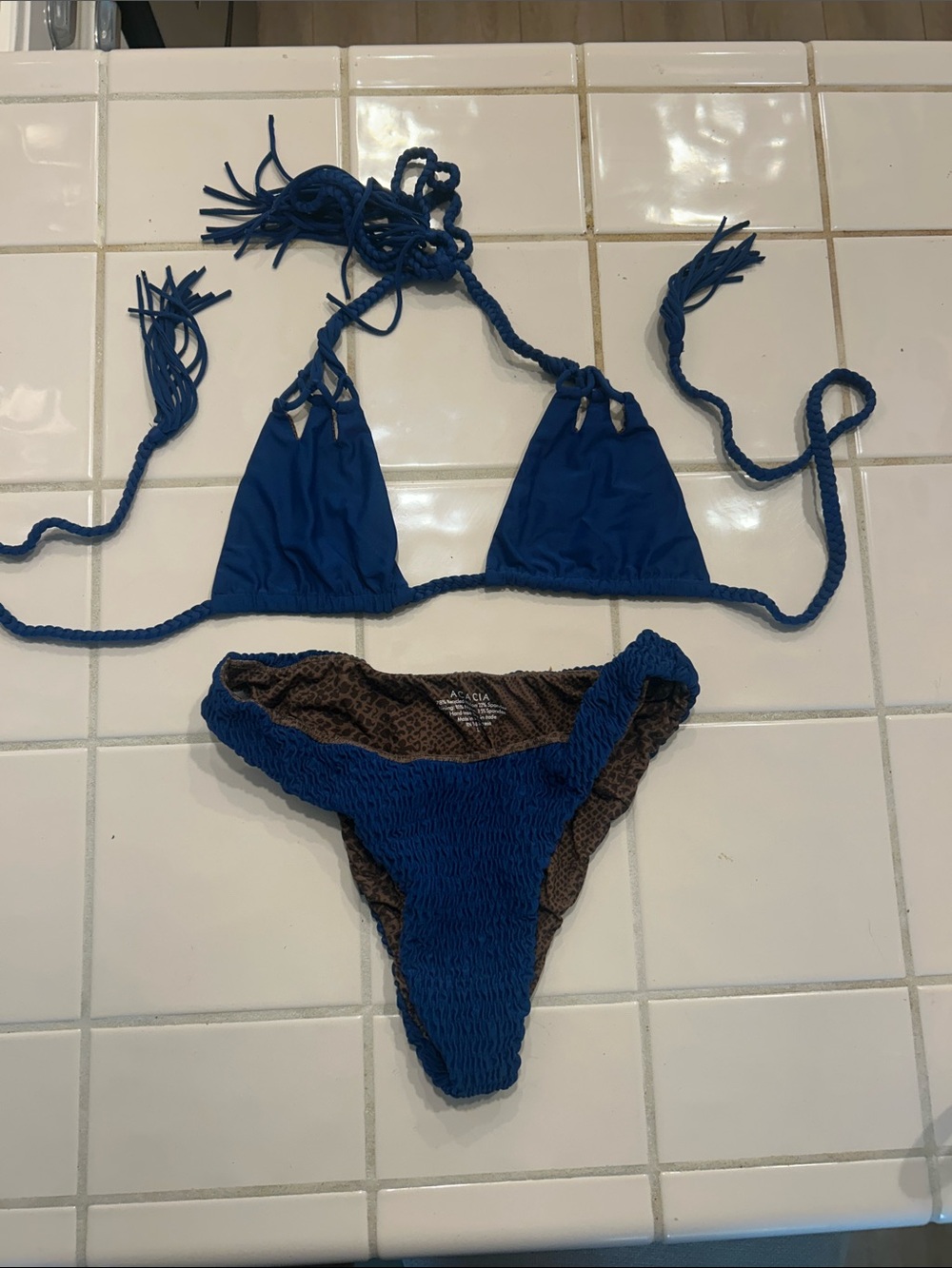 acacia swimwear Royal Blue Triangle Bikini with Brown Lining